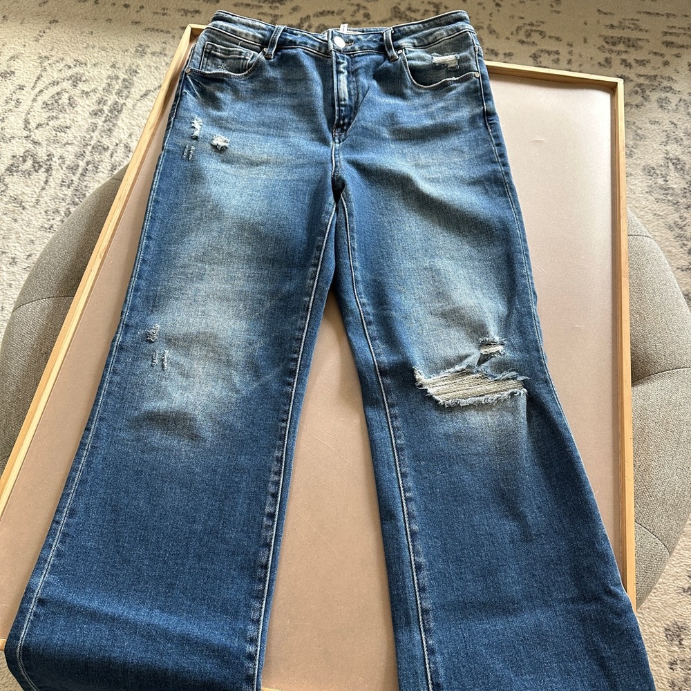 Trendy Distressed Blue Wide Leg Jeans